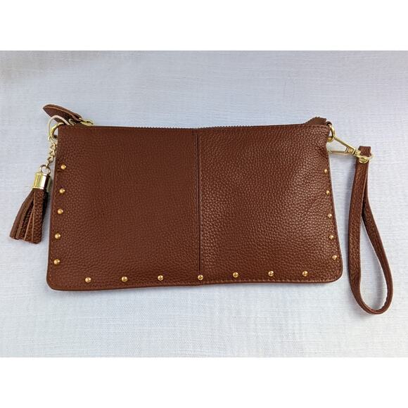 Yaluxe Women's Genuine Leather Small Wristlet Clutch Bag Brown Tassel Studded - Picture 1 of 5